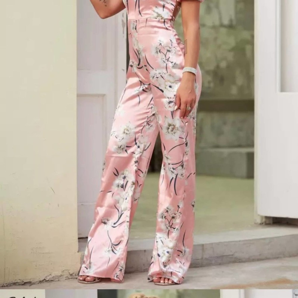 Pink Floral White Satin Jumpsuit - Picture 6 of 8